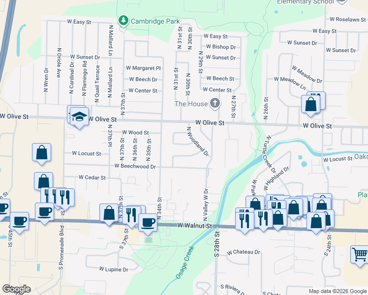 map of restaurants, bars, coffee shops, grocery stores, and more near 710 North Woodland Drive in Rogers