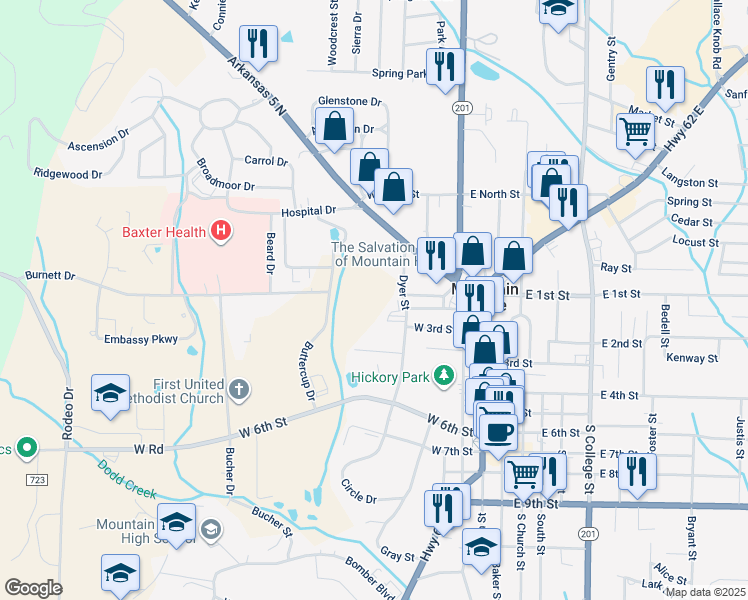 map of restaurants, bars, coffee shops, grocery stores, and more near in Mountain Home