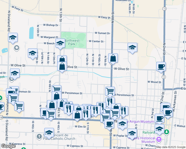 map of restaurants, bars, coffee shops, grocery stores, and more near 1100 West Olive Street in Rogers