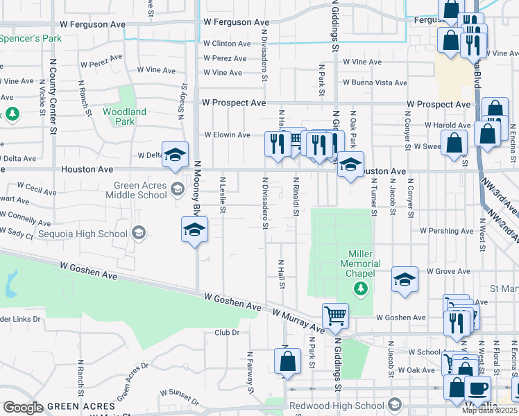 map of restaurants, bars, coffee shops, grocery stores, and more near 1021 North Divisadero Street in Visalia