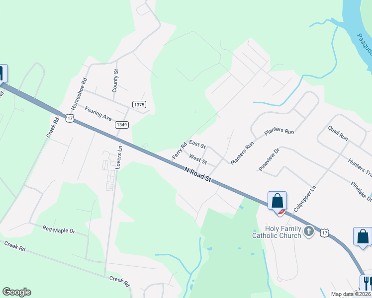 map of restaurants, bars, coffee shops, grocery stores, and more near 1623 East Street in Elizabeth City