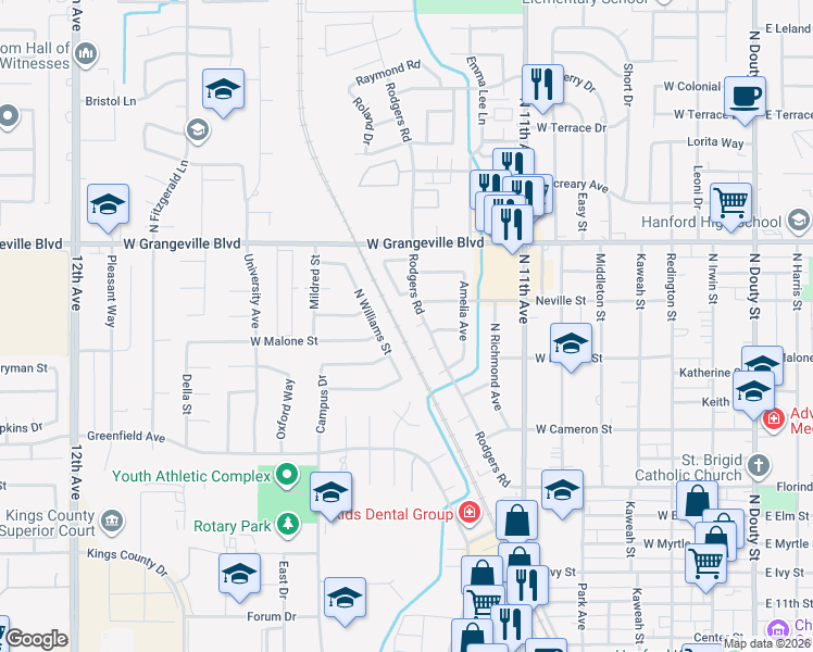 map of restaurants, bars, coffee shops, grocery stores, and more near 1420 Rodgers Road in Hanford
