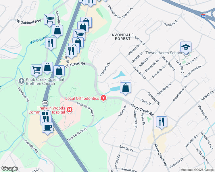 map of restaurants, bars, coffee shops, grocery stores, and more near 1014 Waterbrooke Lane in Johnson City