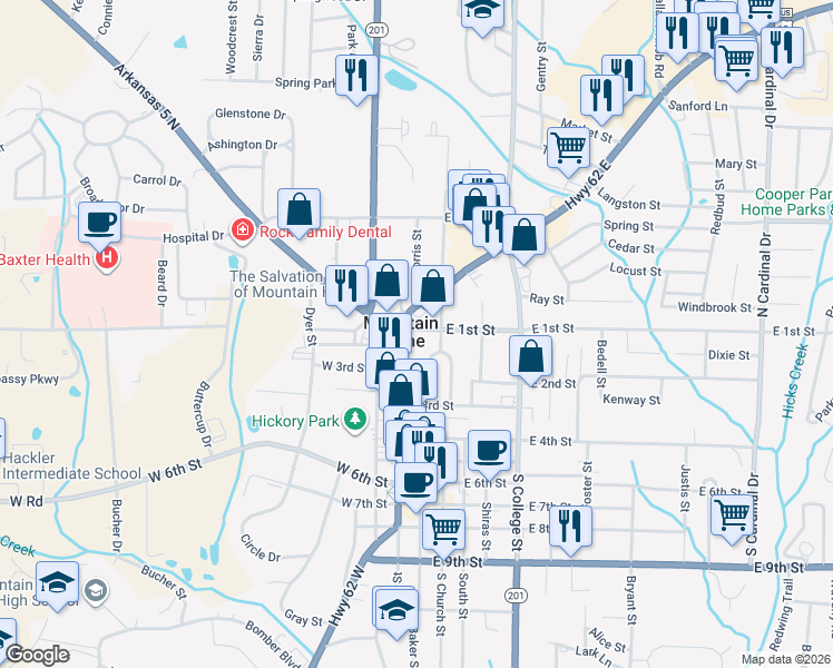map of restaurants, bars, coffee shops, grocery stores, and more near 103 South Main Street in Mountain Home