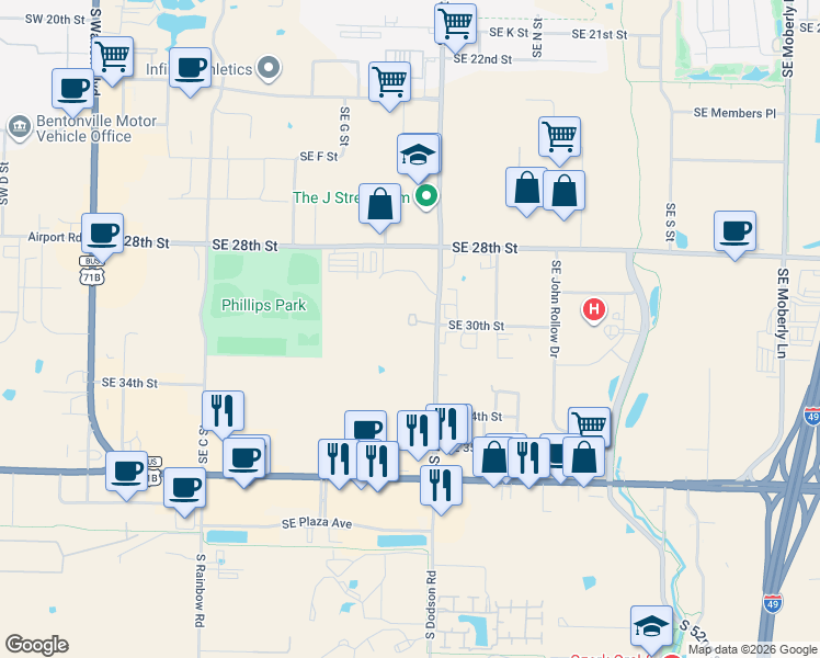 map of restaurants, bars, coffee shops, grocery stores, and more near 3006 Southeast J Street in Bentonville