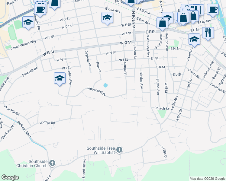 map of restaurants, bars, coffee shops, grocery stores, and more near 206 West L Street in Elizabethton