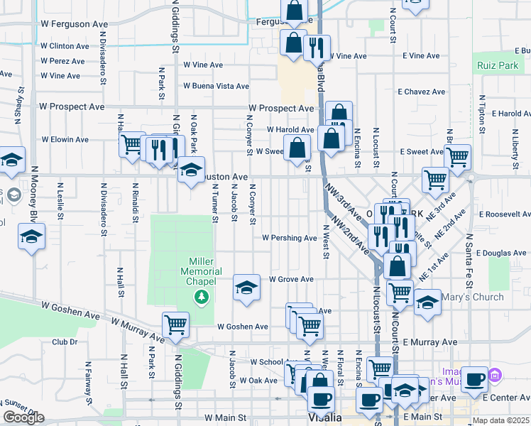 map of restaurants, bars, coffee shops, grocery stores, and more near 1101 North Stevenson Street in Visalia