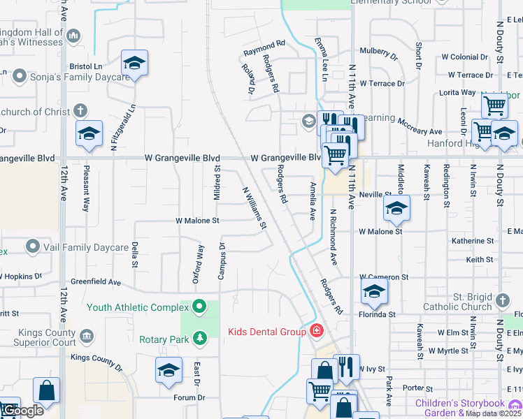 map of restaurants, bars, coffee shops, grocery stores, and more near 1321 N Williams St in Hanford