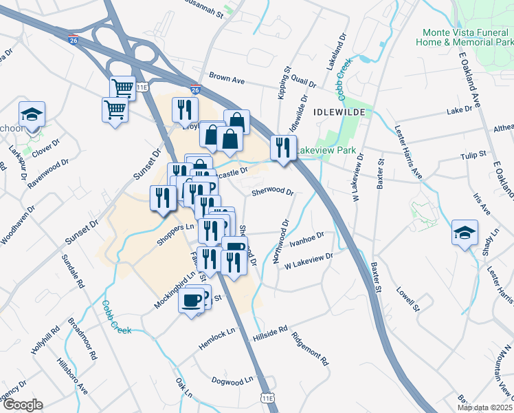 map of restaurants, bars, coffee shops, grocery stores, and more near 2009 Sherwood Drive in Johnson City