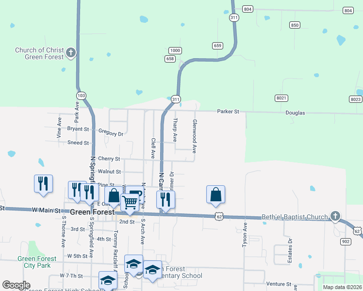 map of restaurants, bars, coffee shops, grocery stores, and more near 612 Apple Street in Green Forest