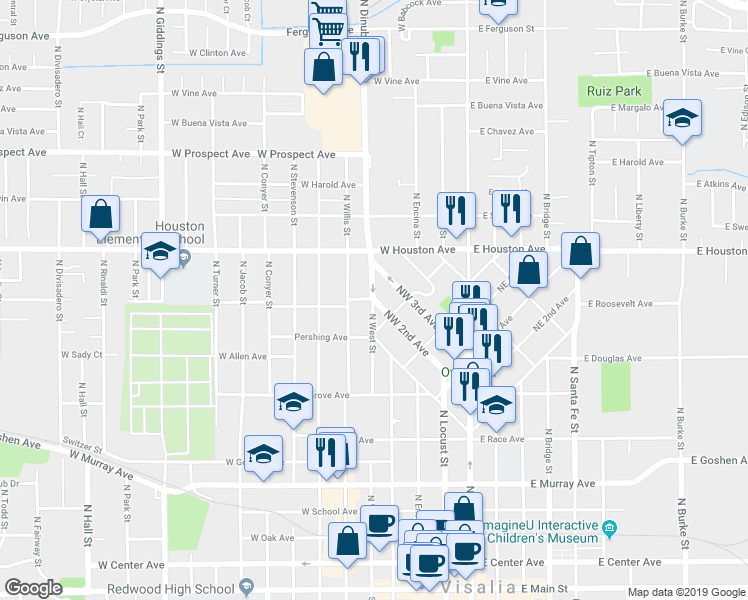 map of restaurants, bars, coffee shops, grocery stores, and more near 405 Northwest 2nd Avenue in Visalia