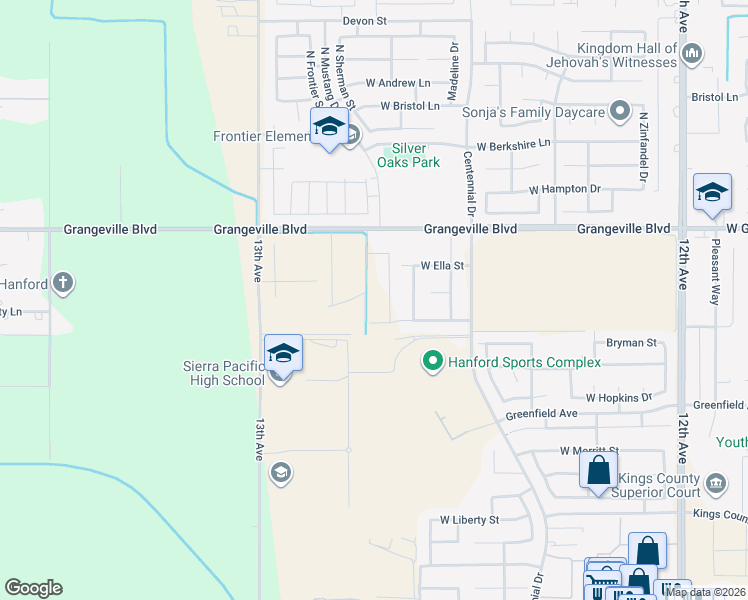 map of restaurants, bars, coffee shops, grocery stores, and more near 12701 Grangeville Boulevard in Hanford