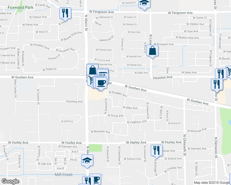 map of restaurants, bars, coffee shops, grocery stores, and more near 4820 West Douglas Avenue in Visalia