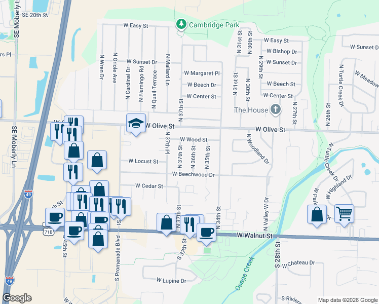 map of restaurants, bars, coffee shops, grocery stores, and more near 613 North 36th Street in Rogers
