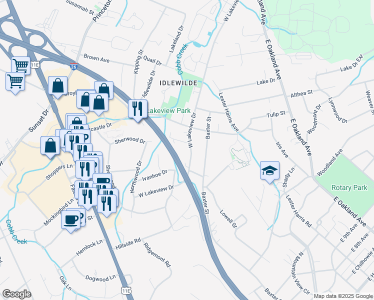 map of restaurants, bars, coffee shops, grocery stores, and more near 1509 West Lakeview Drive in Johnson City