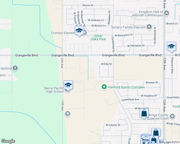map of restaurants, bars, coffee shops, grocery stores, and more near 12701 Grangeville Boulevard in Hanford