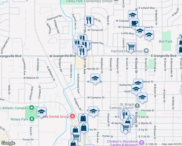 map of restaurants, bars, coffee shops, grocery stores, and more near 1405-1499 Whitmore Street in Hanford