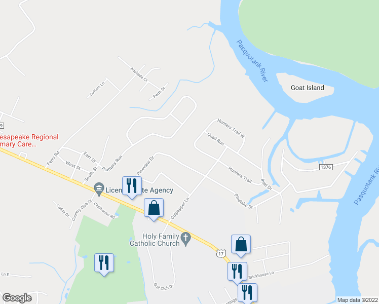 map of restaurants, bars, coffee shops, grocery stores, and more near 109 Hunters Trail West in Elizabeth City