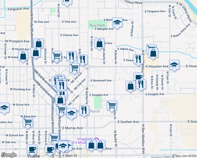 map of restaurants, bars, coffee shops, grocery stores, and more near 636 East Roosevelt Avenue in Visalia