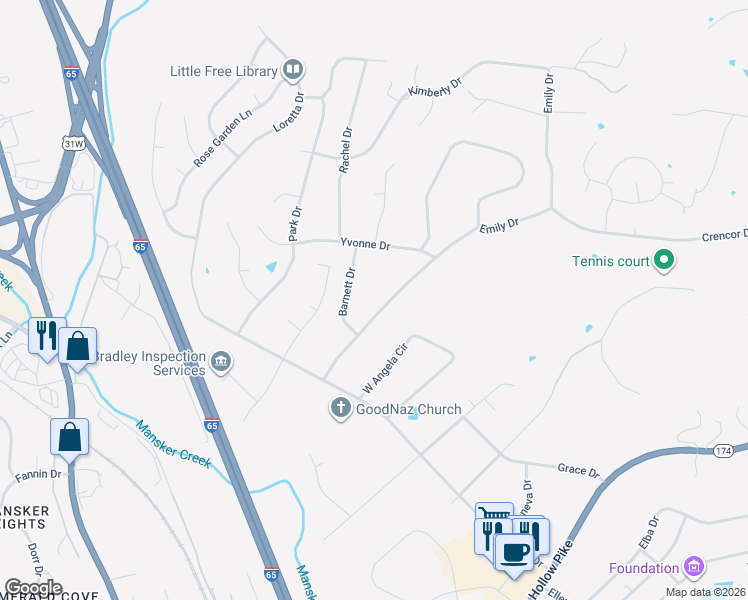 map of restaurants, bars, coffee shops, grocery stores, and more near 909 Barnett Drive in Goodlettsville