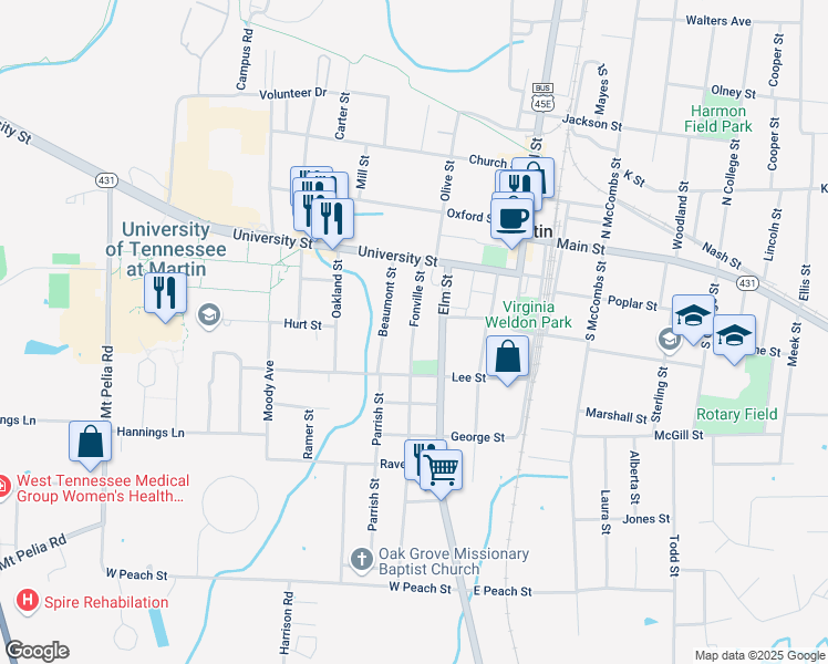 map of restaurants, bars, coffee shops, grocery stores, and more near 140 Fonville Avenue in Martin