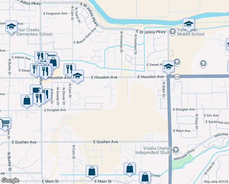 map of restaurants, bars, coffee shops, grocery stores, and more near 1224 North Irma Street in Visalia
