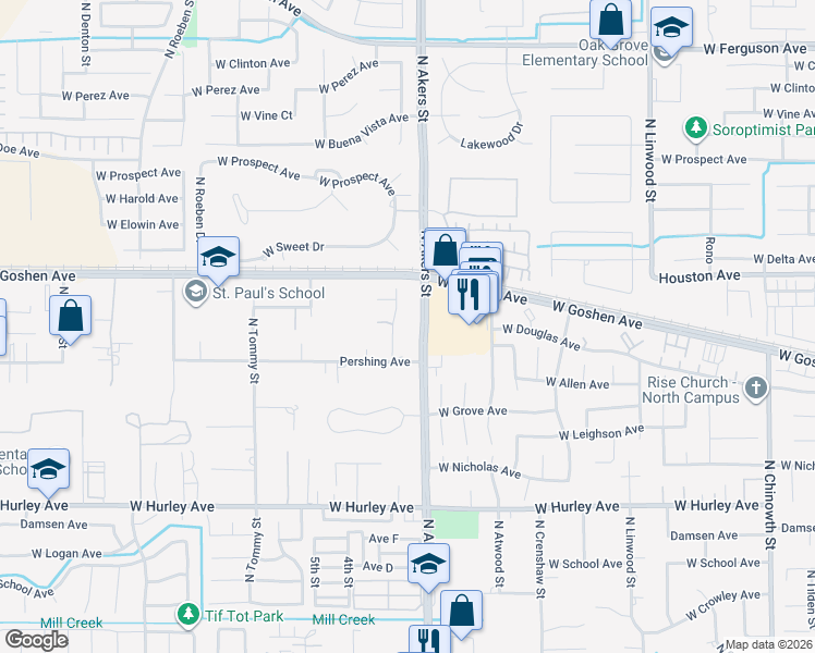 map of restaurants, bars, coffee shops, grocery stores, and more near 1194-1298 North Tamarack Street in Visalia