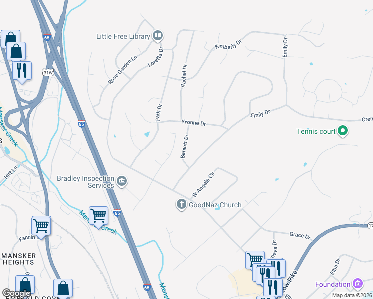 map of restaurants, bars, coffee shops, grocery stores, and more near 909 Barnett Drive in Goodlettsville