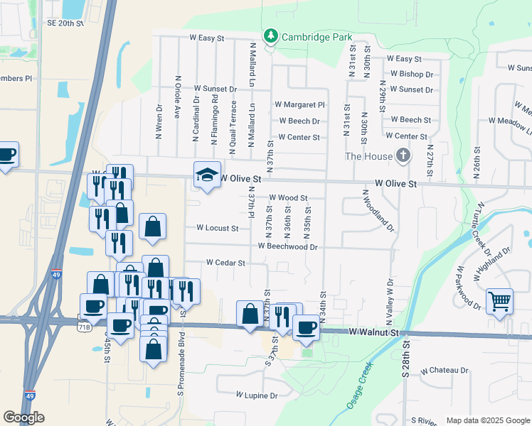 map of restaurants, bars, coffee shops, grocery stores, and more near 606 North 37th Street in Rogers