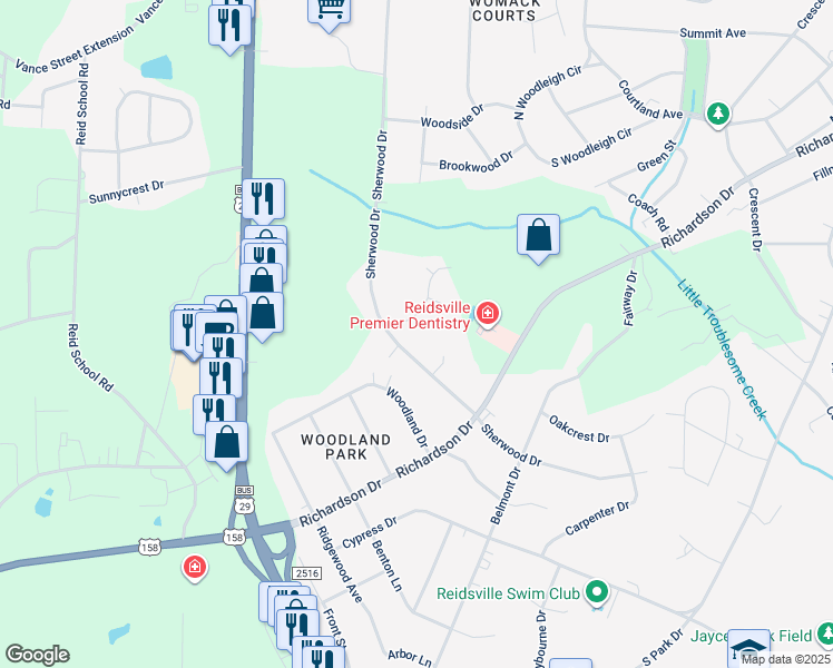 map of restaurants, bars, coffee shops, grocery stores, and more near 1305 Merlin Creek in Reidsville