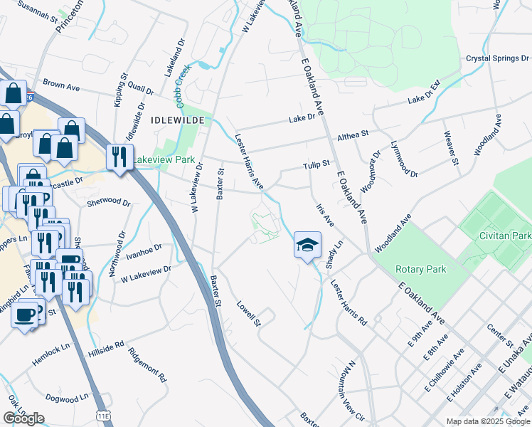 map of restaurants, bars, coffee shops, grocery stores, and more near 1405 Lester Harris Avenue in Johnson City
