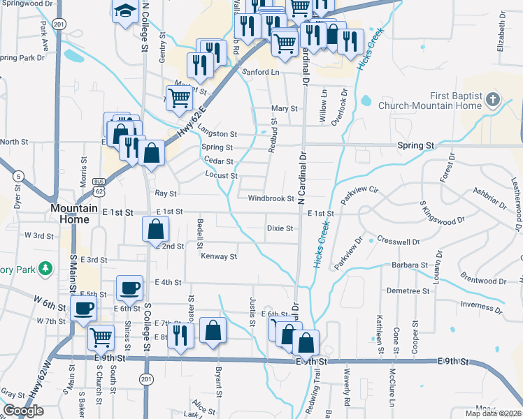 map of restaurants, bars, coffee shops, grocery stores, and more near 910 Windbrook Street in Mountain Home