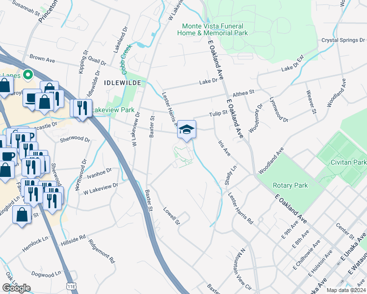map of restaurants, bars, coffee shops, grocery stores, and more near 1405 Lester Harris Avenue in Johnson City