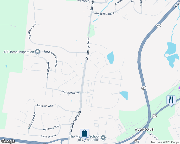 map of restaurants, bars, coffee shops, grocery stores, and more near 447 Carriage House Lane in Hendersonville