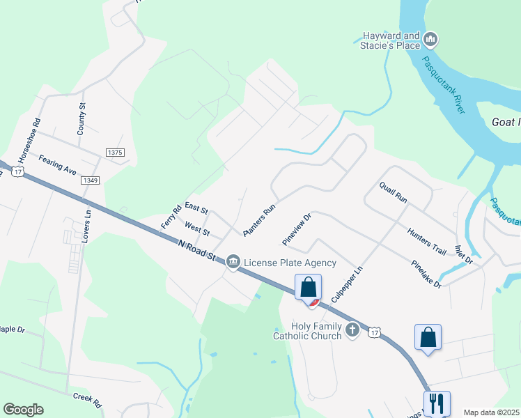 map of restaurants, bars, coffee shops, grocery stores, and more near 109 Planters Run in Elizabeth City