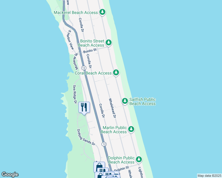 map of restaurants, bars, coffee shops, grocery stores, and more near 887 Whalehead Drive in Corolla