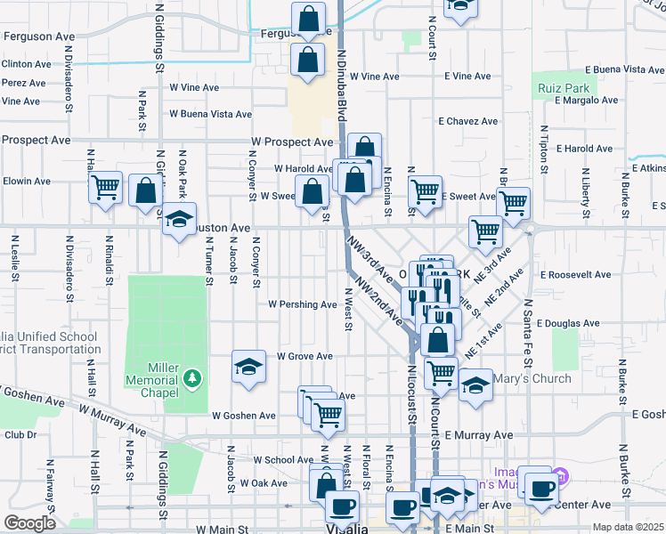 map of restaurants, bars, coffee shops, grocery stores, and more near 1109 North Willis Street in Visalia