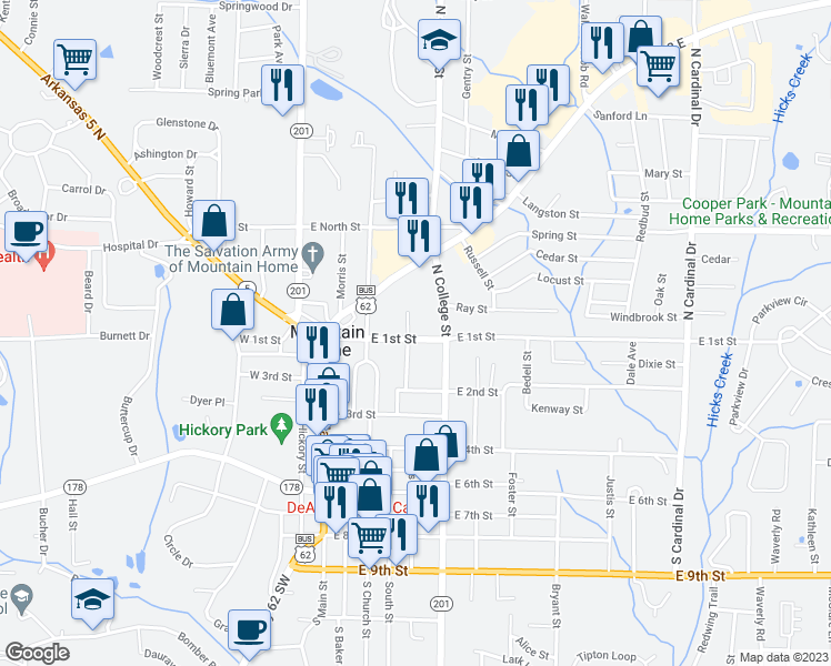 map of restaurants, bars, coffee shops, grocery stores, and more near 99 South Street in Mountain Home