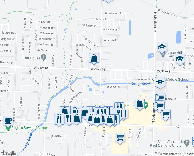 map of restaurants, bars, coffee shops, grocery stores, and more near 700 North 24th Street in Rogers