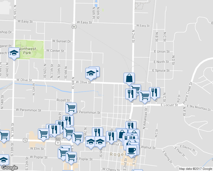 map of restaurants, bars, coffee shops, grocery stores, and more near 424 West Olive Street in Rogers