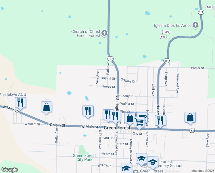 map of restaurants, bars, coffee shops, grocery stores, and more near 201 Sneed Street in Green Forest