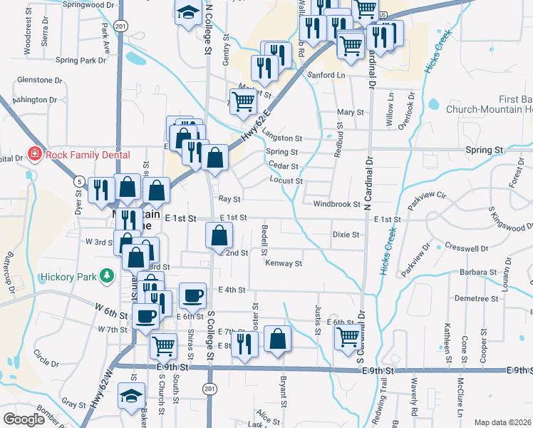 map of restaurants, bars, coffee shops, grocery stores, and more near 601 East 1st Street in Mountain Home