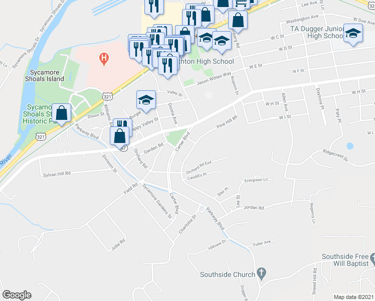 map of restaurants, bars, coffee shops, grocery stores, and more near 373 Pine Hill Road in Elizabethton