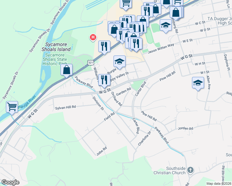 map of restaurants, bars, coffee shops, grocery stores, and more near 1407 Garden Road in Elizabethton