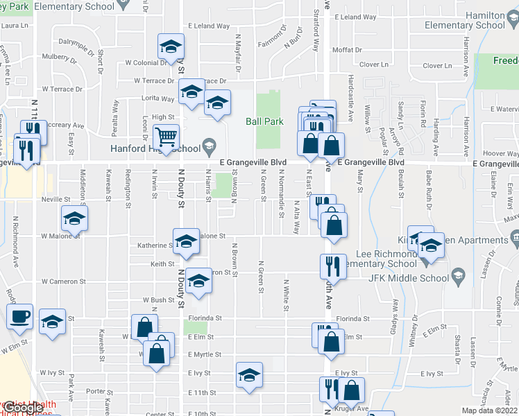 map of restaurants, bars, coffee shops, grocery stores, and more near 1340 North Green Street in Hanford