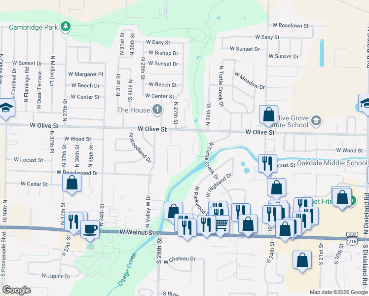 map of restaurants, bars, coffee shops, grocery stores, and more near 711 North 27th Street in Rogers