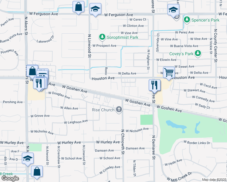 map of restaurants, bars, coffee shops, grocery stores, and more near 1216 North Pride Court in Visalia