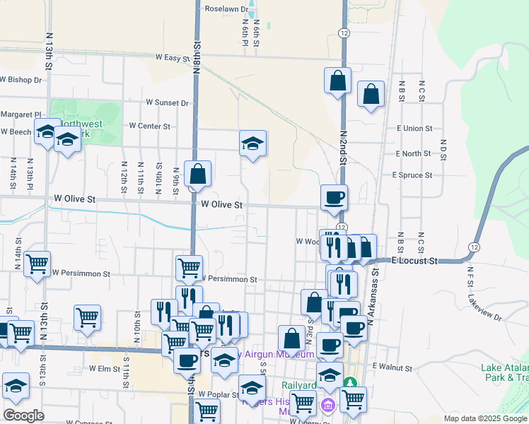 map of restaurants, bars, coffee shops, grocery stores, and more near 514 West Olive Street in Rogers