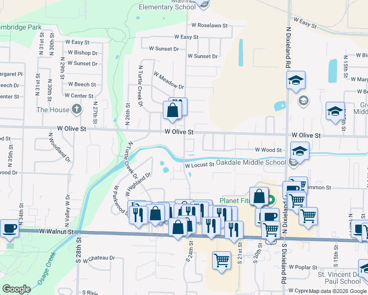 map of restaurants, bars, coffee shops, grocery stores, and more near 701 N 24th St in Rogers