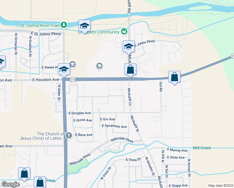 map of restaurants, bars, coffee shops, grocery stores, and more near 3524 East Roosevelt Avenue in Visalia